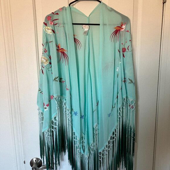 Free People Jackets & Blazers - FREE PEOPLE EMBROIDERED KIMONO WITH OMBRE FRINGE